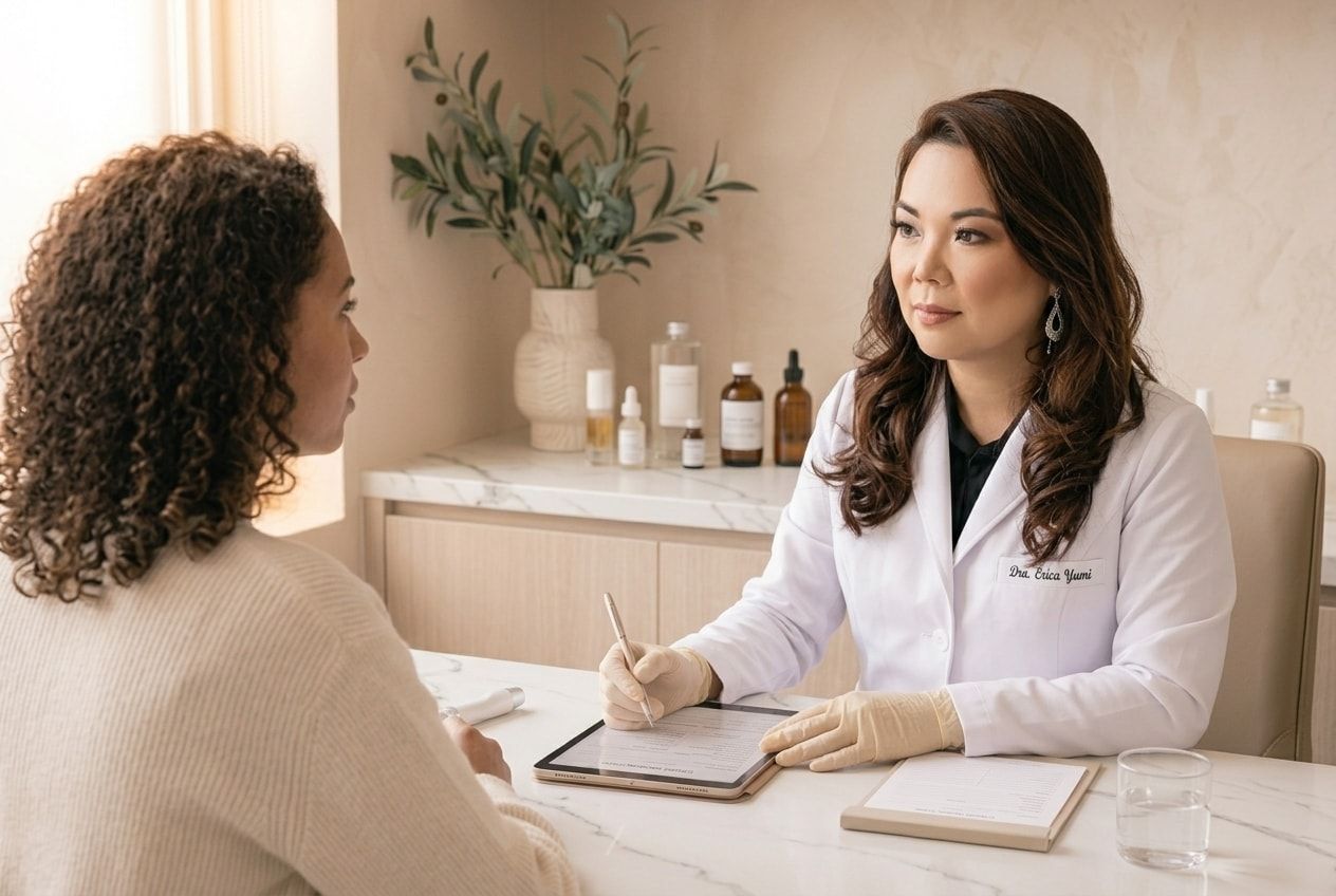 Dra. Erica Ito atendendo uma paciente no consultório, anotando o histórico em um tablet